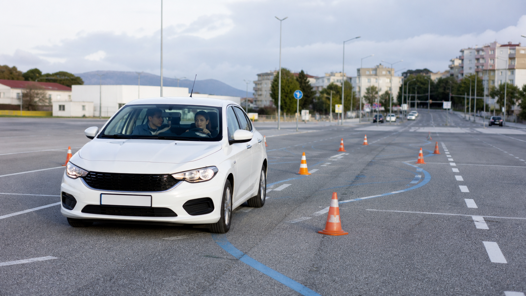 Учебный автомобиль проходит последовательность упражнений на площадке