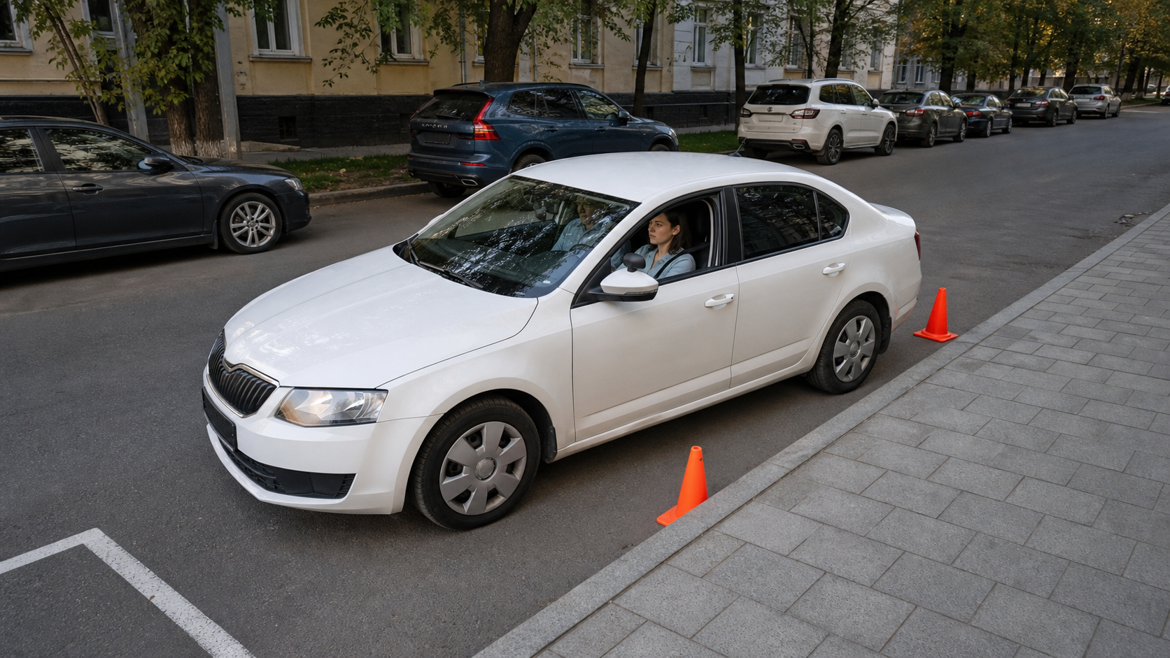 Учебный автомобиль отрабатывает параллельную парковку у бордюра